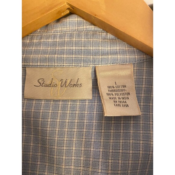 Studio Works Embroidered Blue & White Checked Shirt Size L Cool! Comfy! Cotton! - Picture 5 of 7